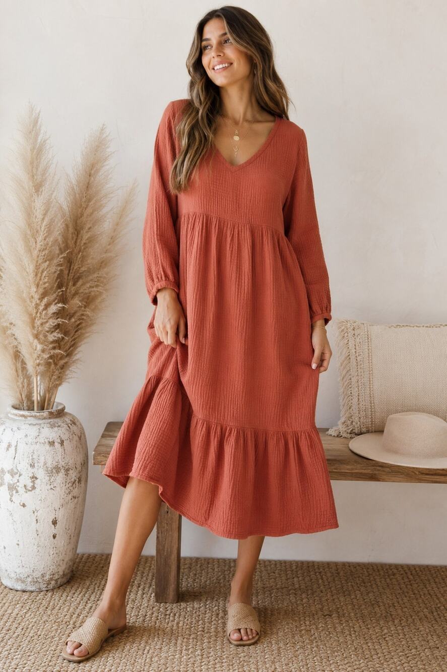 7 For All Mankind Gauze Cotton Tiered Midi Dress Women's Medium Rust Terracotta